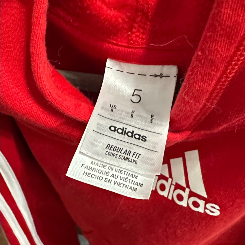 adidas Red Kids Hoodie with White 3-Stripe Detail - Picture 4 of 5